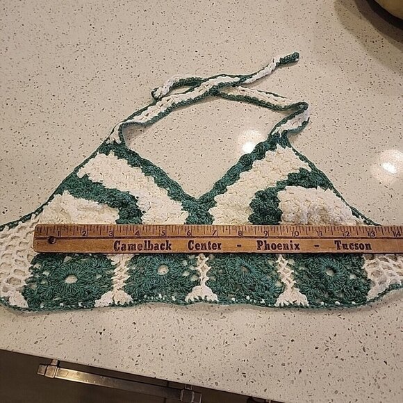 Handmade Crochet Bikini Top Small Green White Boho Hippy - Picture 3 of 3